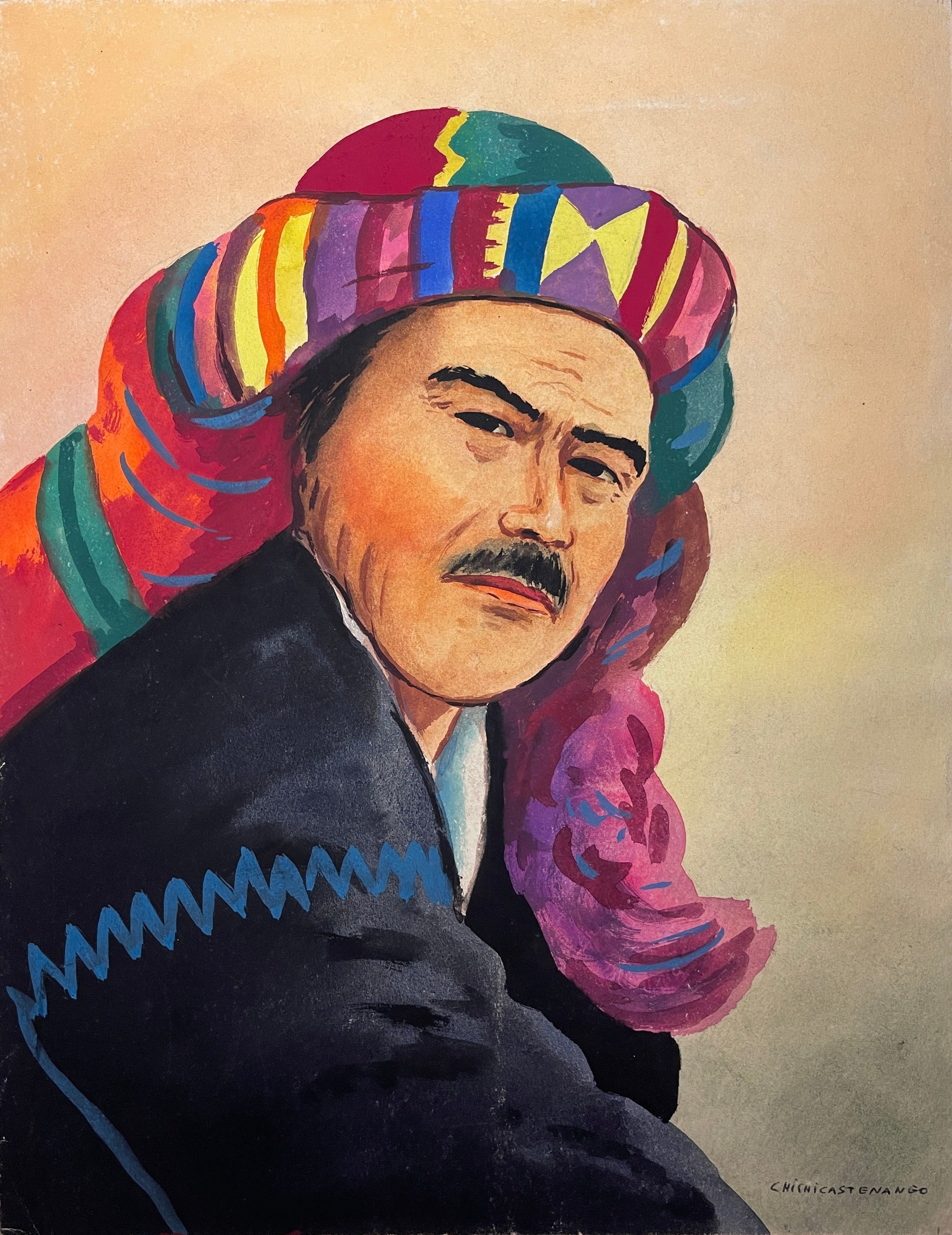 Maria Navas 1950 Signed Watercolor Painting - Mayan Man Portrait - Chichicastenango at Adirondack Retro