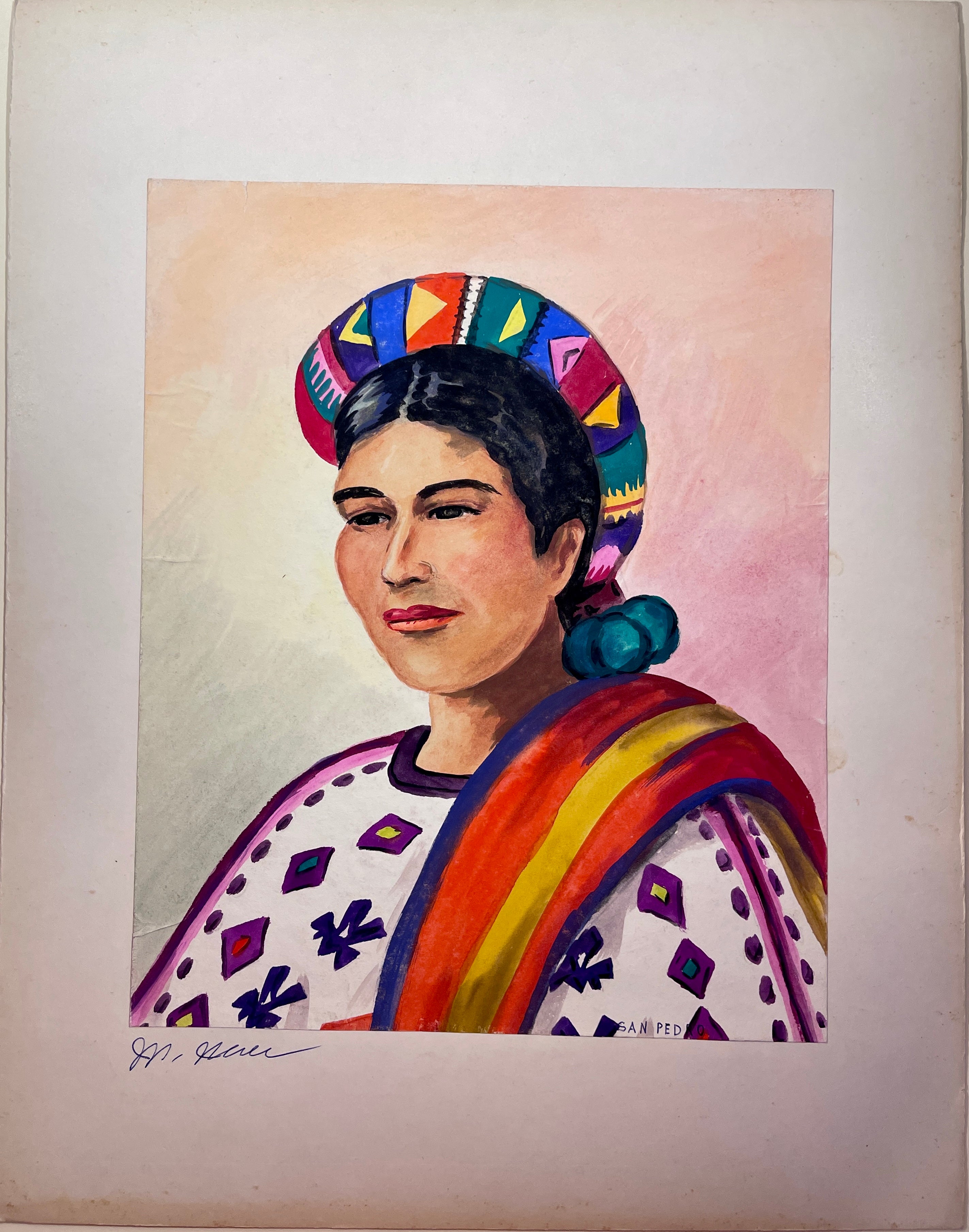 Maria Navas 1950 Signed Watercolor Painting - Mayan Woman Portrait - San Pedro