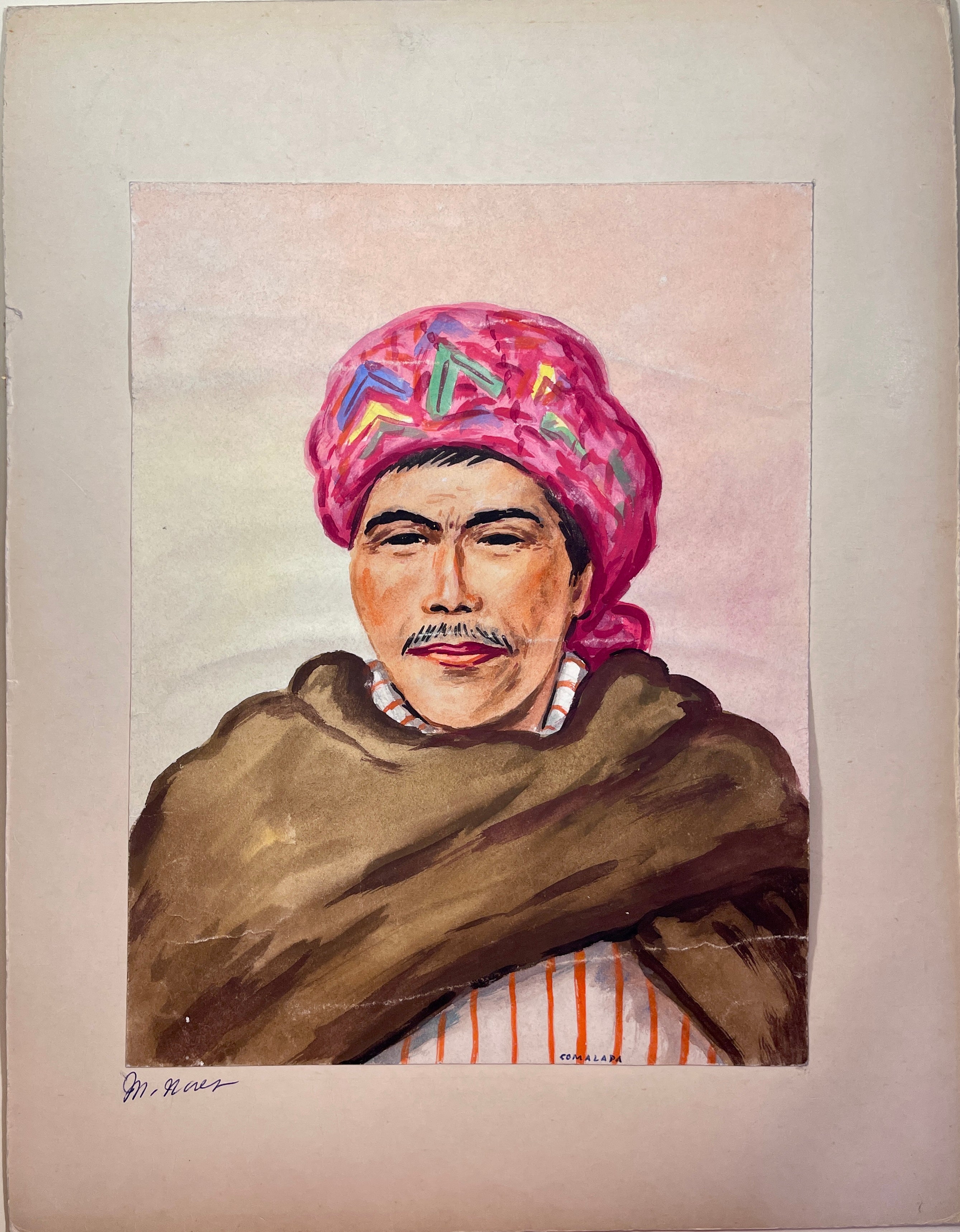 Maria Navas 1950 Signed Watercolor Painting - Mayan Man Portrait - Comalapa