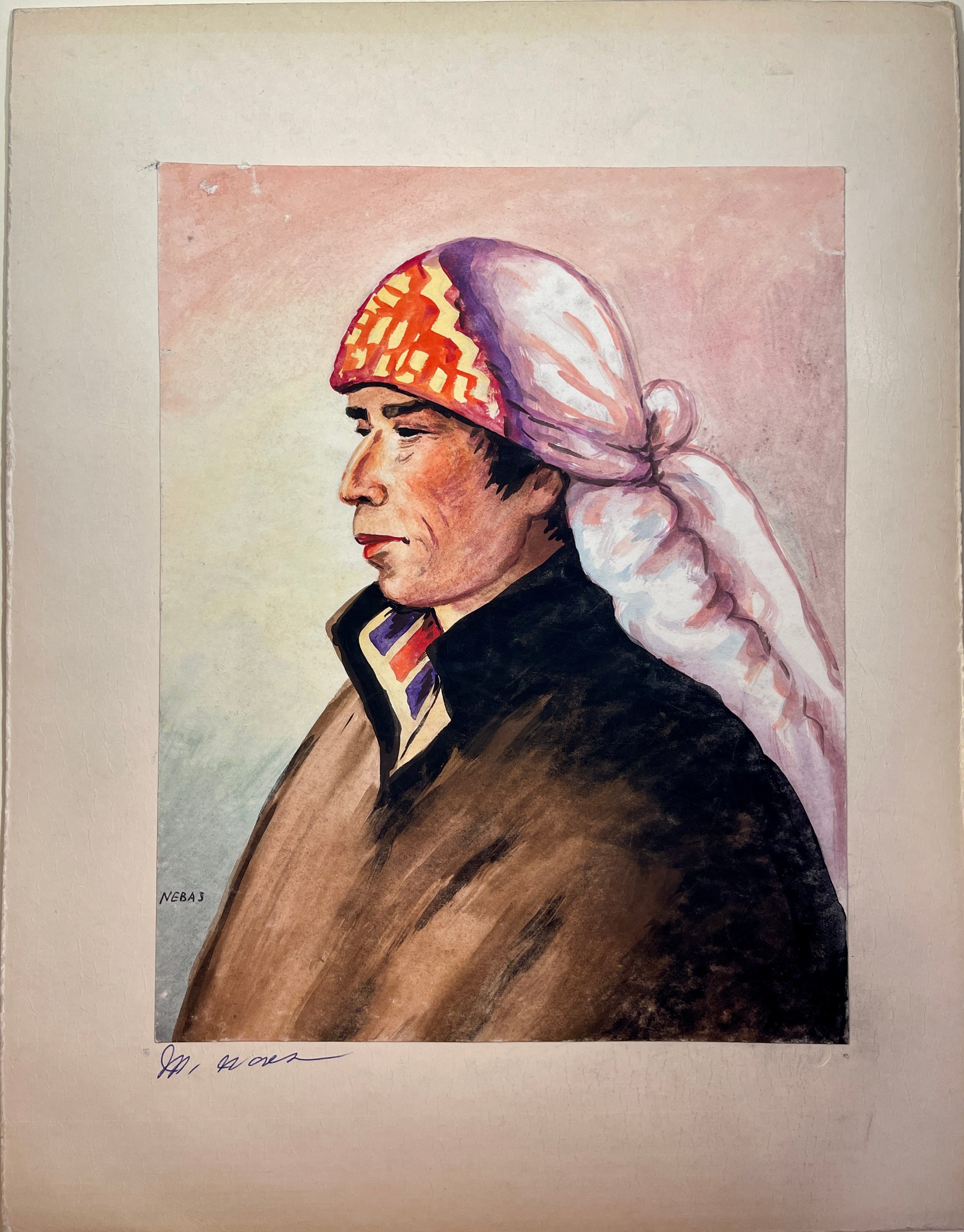 Maria Navas 1950 Signed Watercolor Painting - Mayan Man Portrait - Nebaj