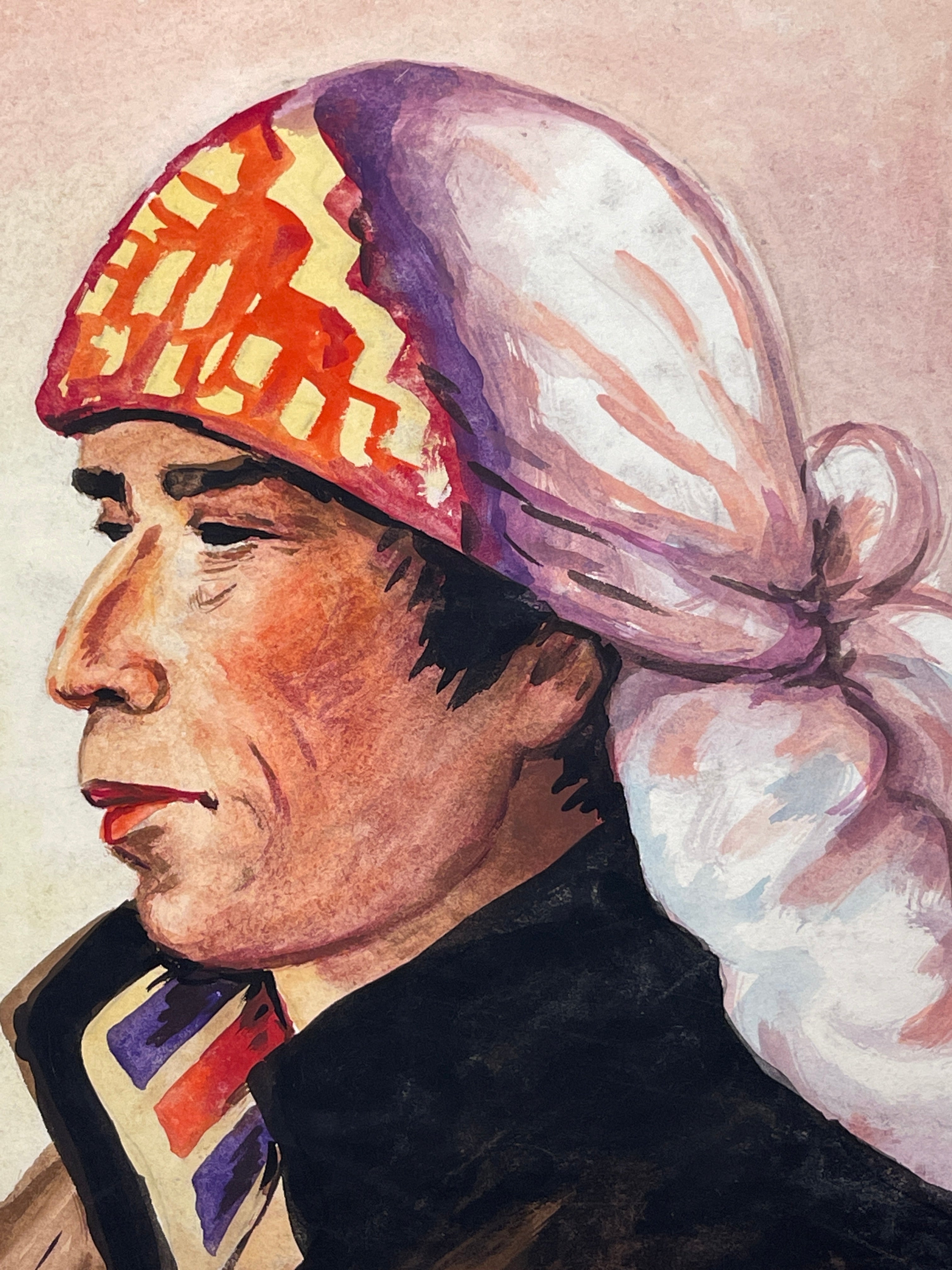Maria Navas 1950 Signed Watercolor Painting - Mayan Man Portrait - Nebaj