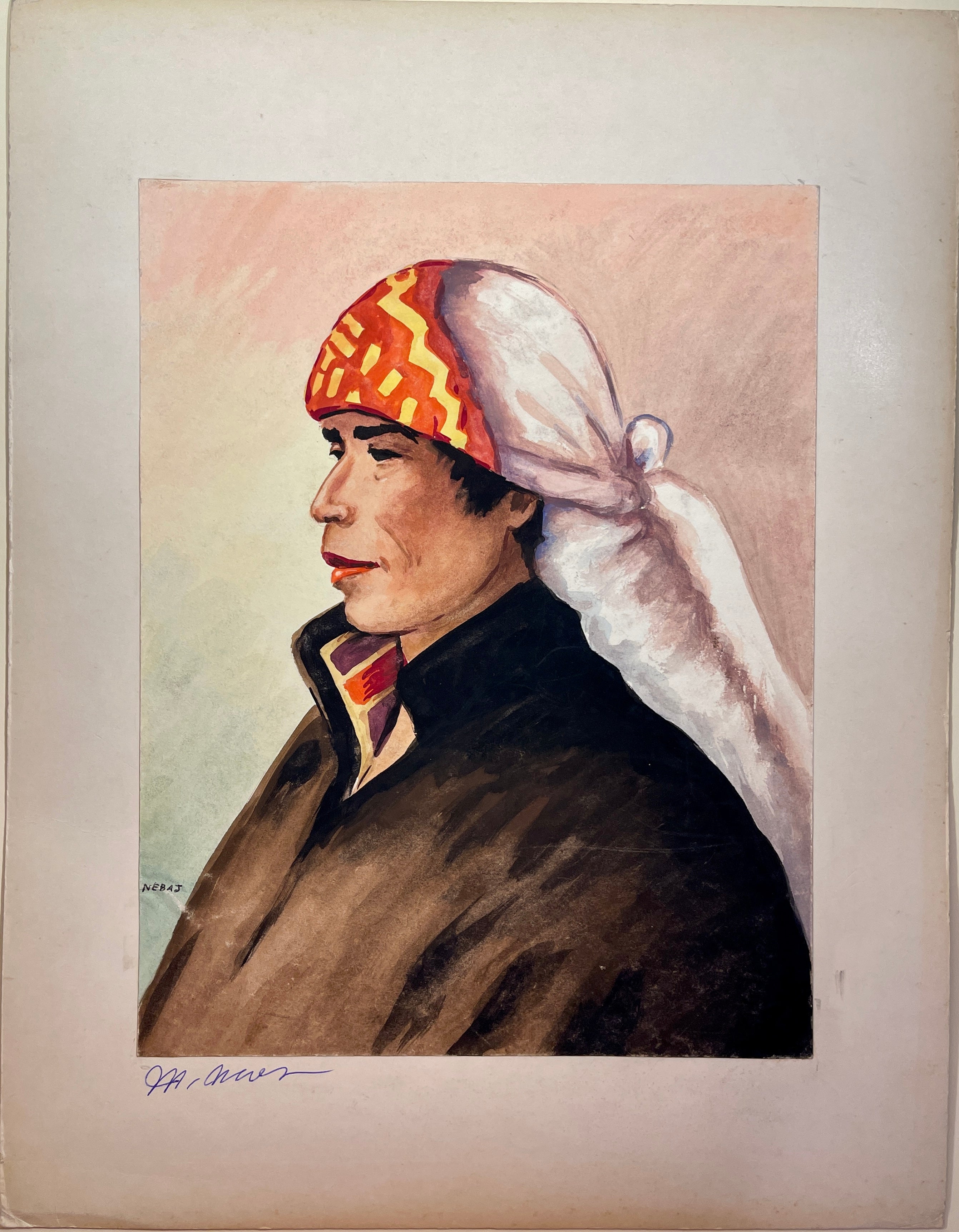 Maria Navas 1950 Signed Watercolor Painting - Mayan Man Portrait - Nebaj