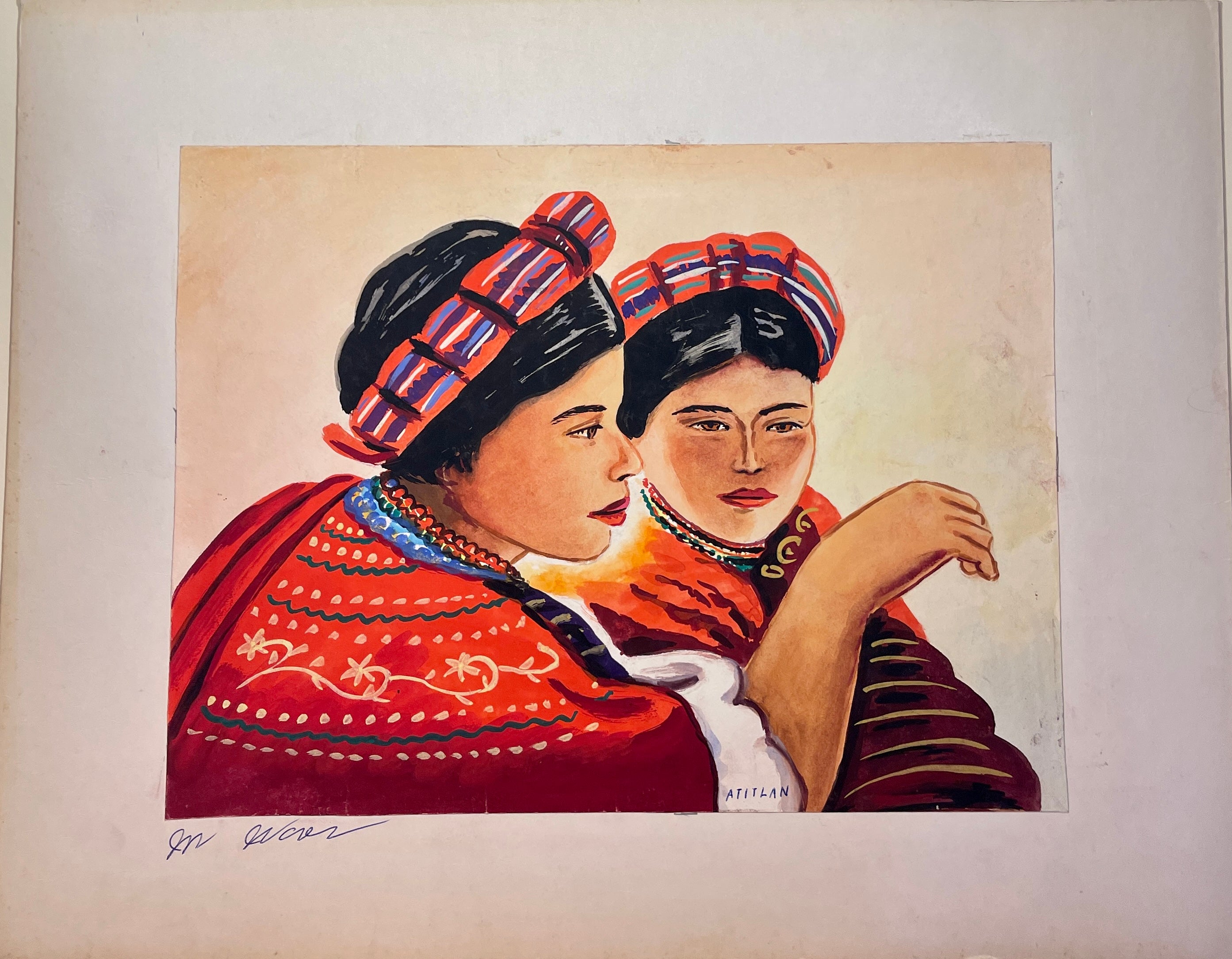 Maria Navas 1950 Signed Watercolor Painting - Two Mayan Woman - Atitlan