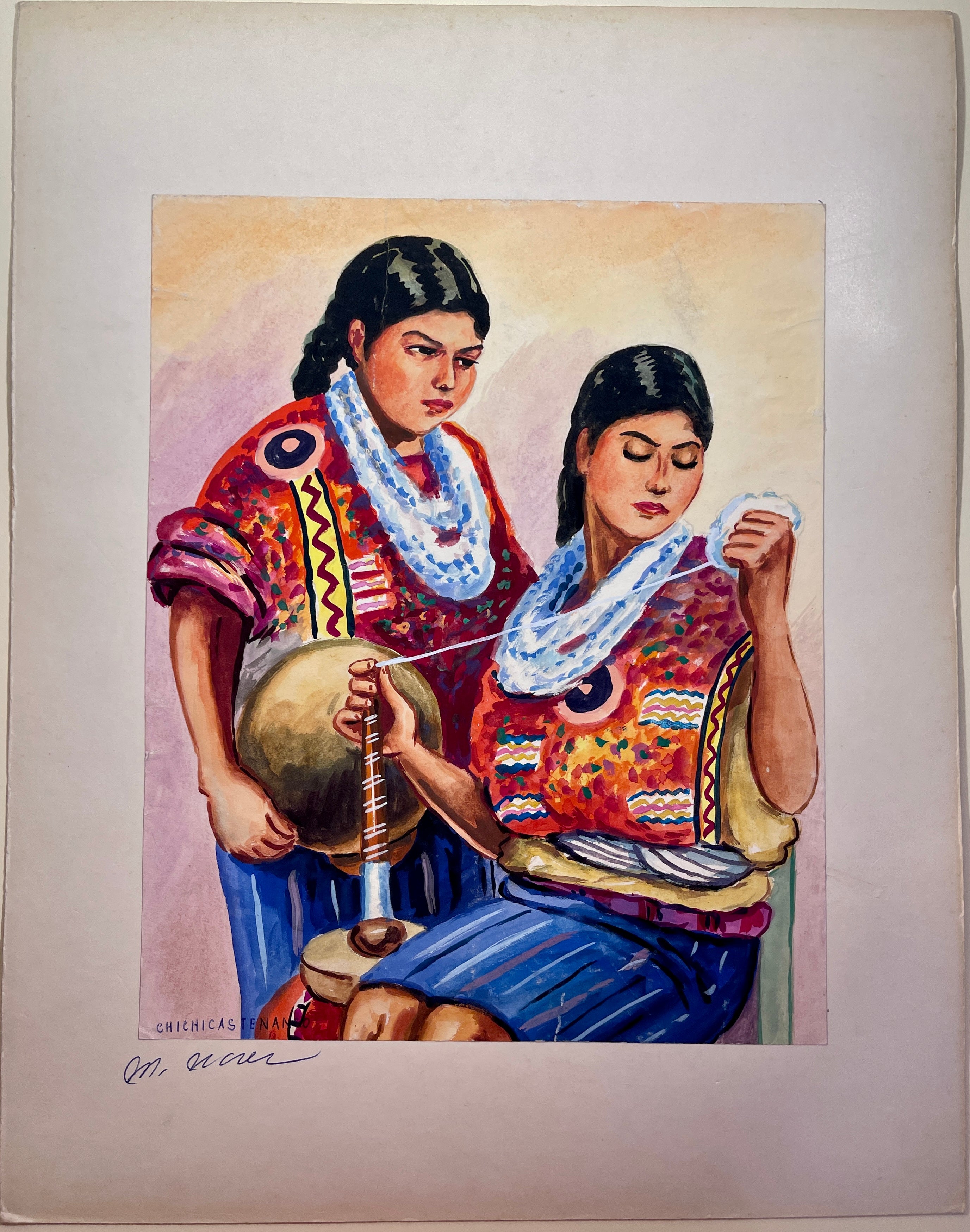 Maria Navas 1950 Signed Watercolor Painting - Two Mayan Woman Knitting - Chichicastenango