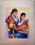 Maria Navas 1950 Signed Watercolor Painting - Two Mayan Woman Knitting - Chichicastenango