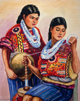 Maria Navas 1950 Signed Watercolor Painting - Two Mayan Woman Knitting - Chichicastenango at Adirondack Retro