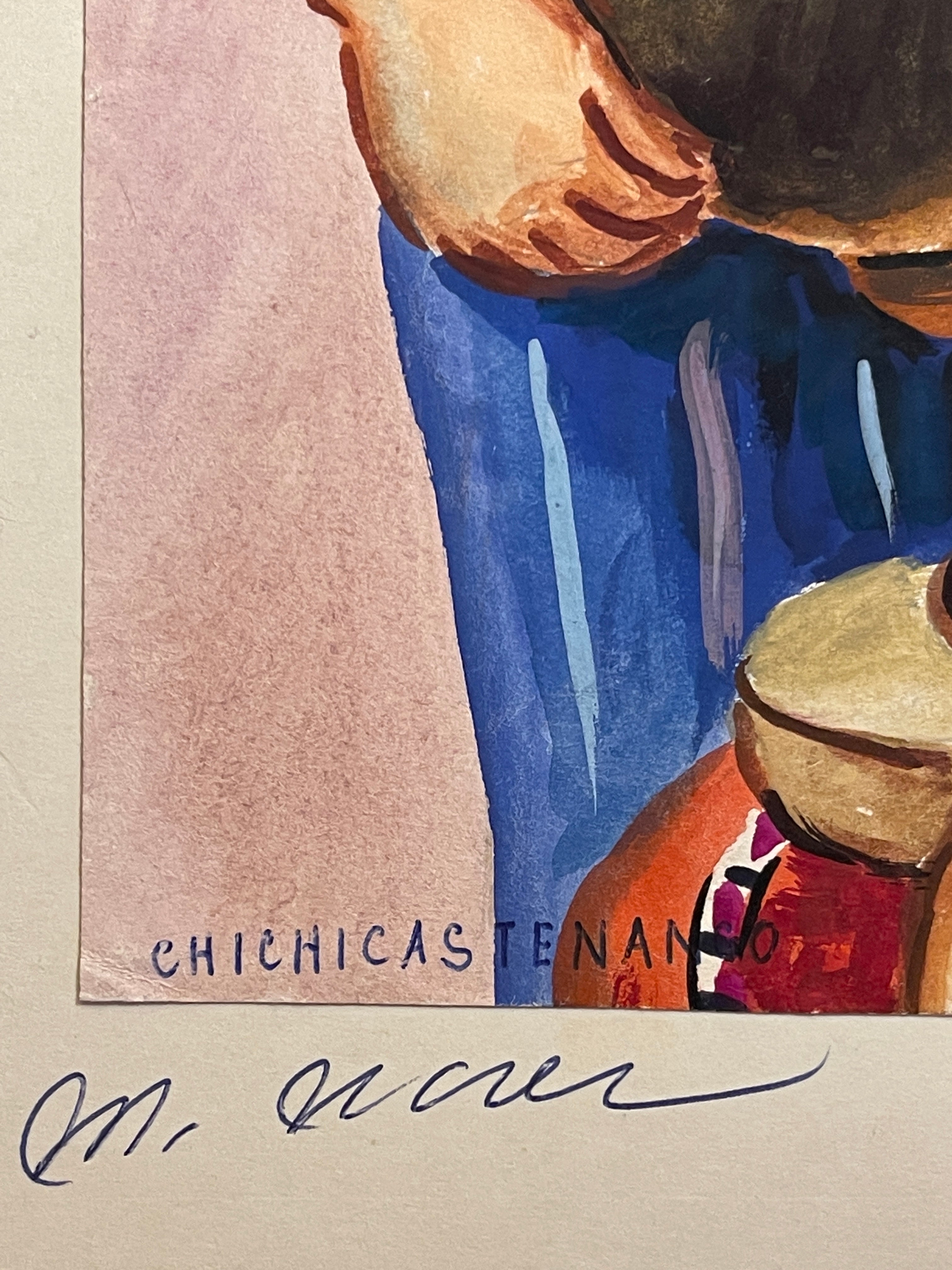 Maria Navas 1950 Signed Watercolor Painting - Two Mayan Woman Knitting - Chichicastenango
