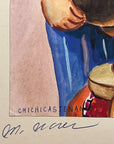 Maria Navas 1950 Signed Watercolor Painting - Two Mayan Woman Knitting - Chichicastenango