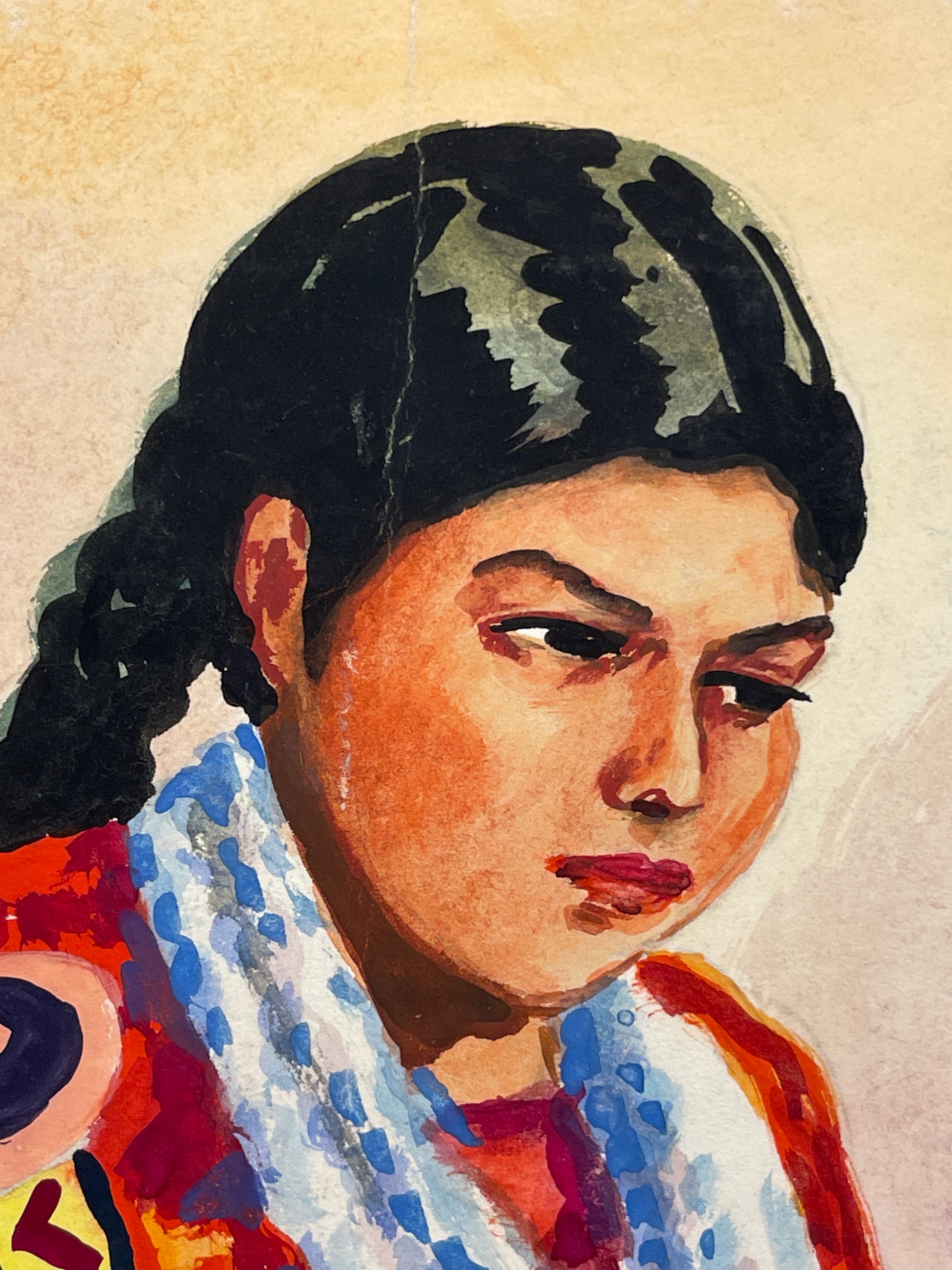 Maria Navas 1950 Signed Watercolor Painting - Two Mayan Woman Knitting - Chichicastenango