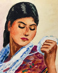 Maria Navas 1950 Signed Watercolor Painting - Two Mayan Woman Knitting - Chichicastenango