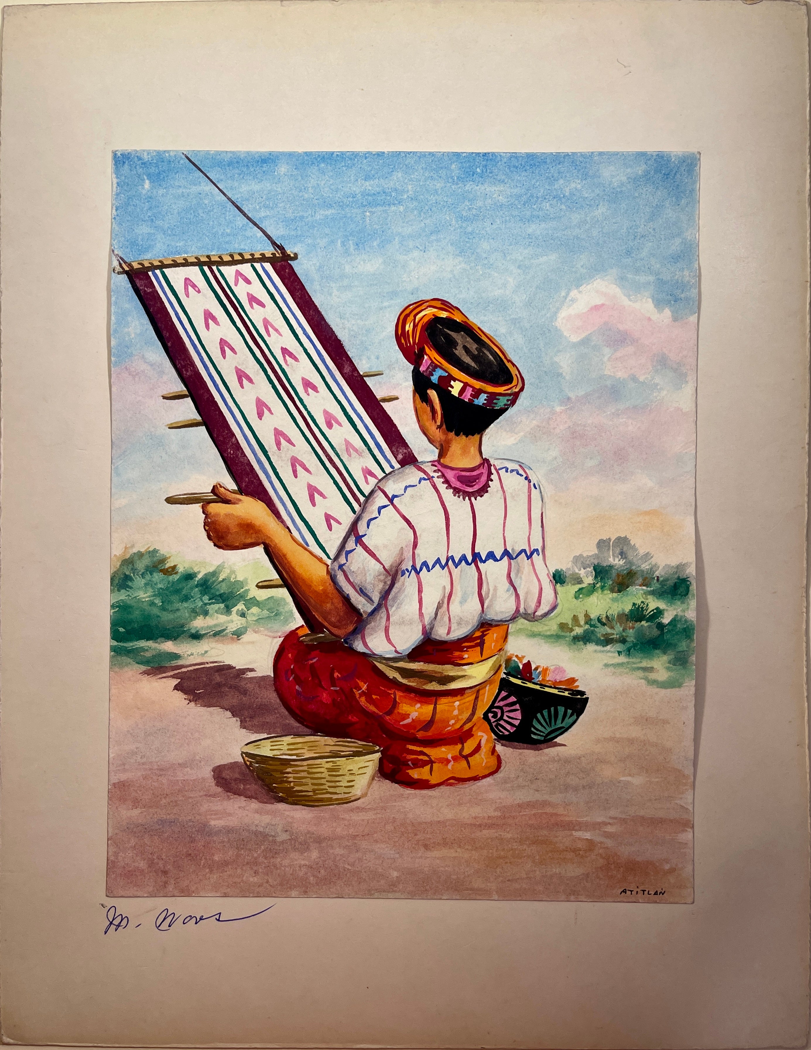 Maria Navas 1950 Signed Watercolor Painting - Mayan Woman Weaving