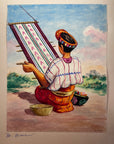 Maria Navas 1950 Signed Watercolor Painting - Mayan Woman Weaving