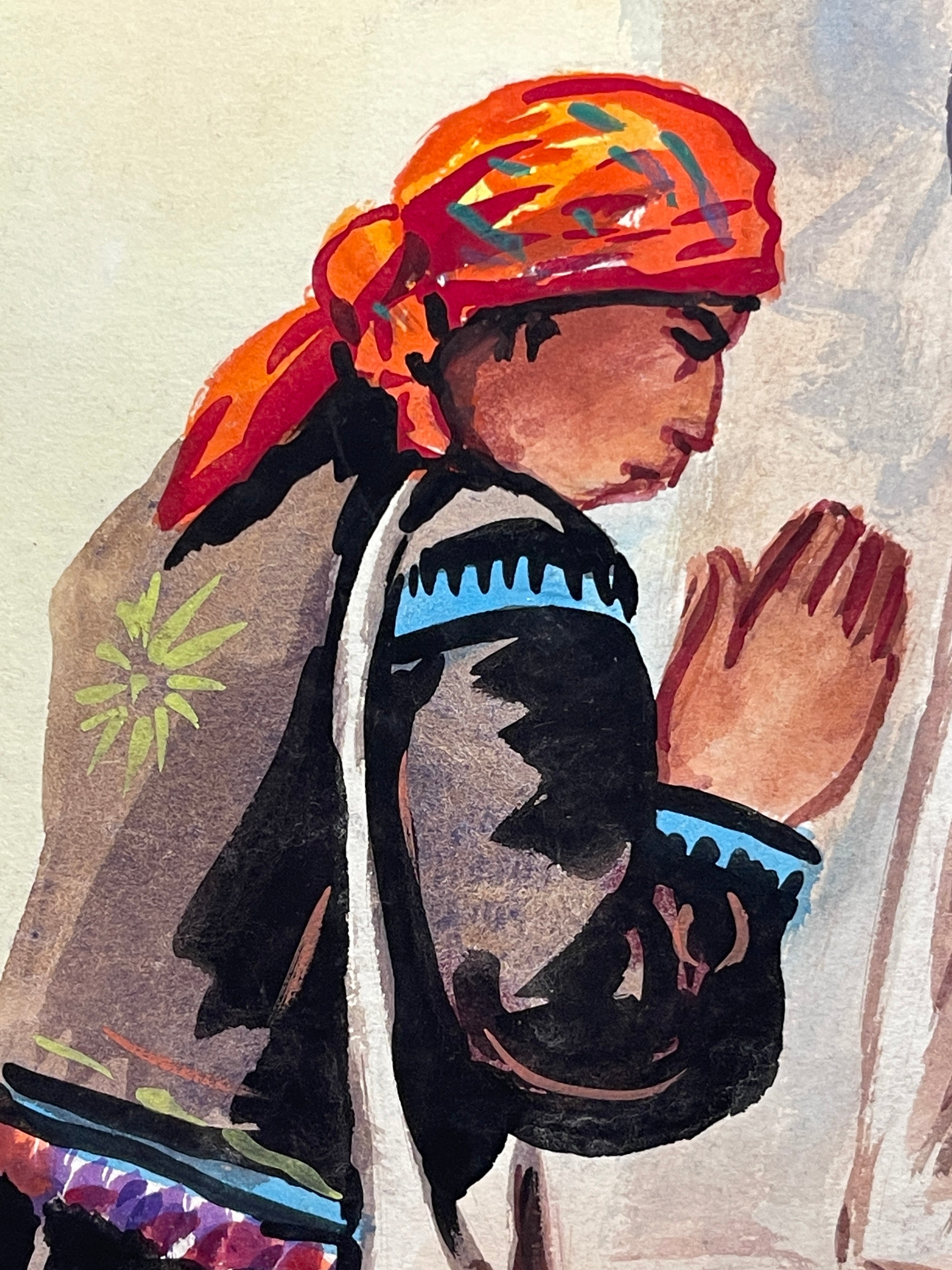 Maria Navas 1950 Signed Watercolor Painting - 2 Mayan People Praying