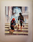 Maria Navas 1950 Signed Watercolor Painting - 2 Mayan People At Temple