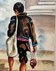 Maria Navas 1950 Signed Watercolor Painting - 2 Mayan People At Temple