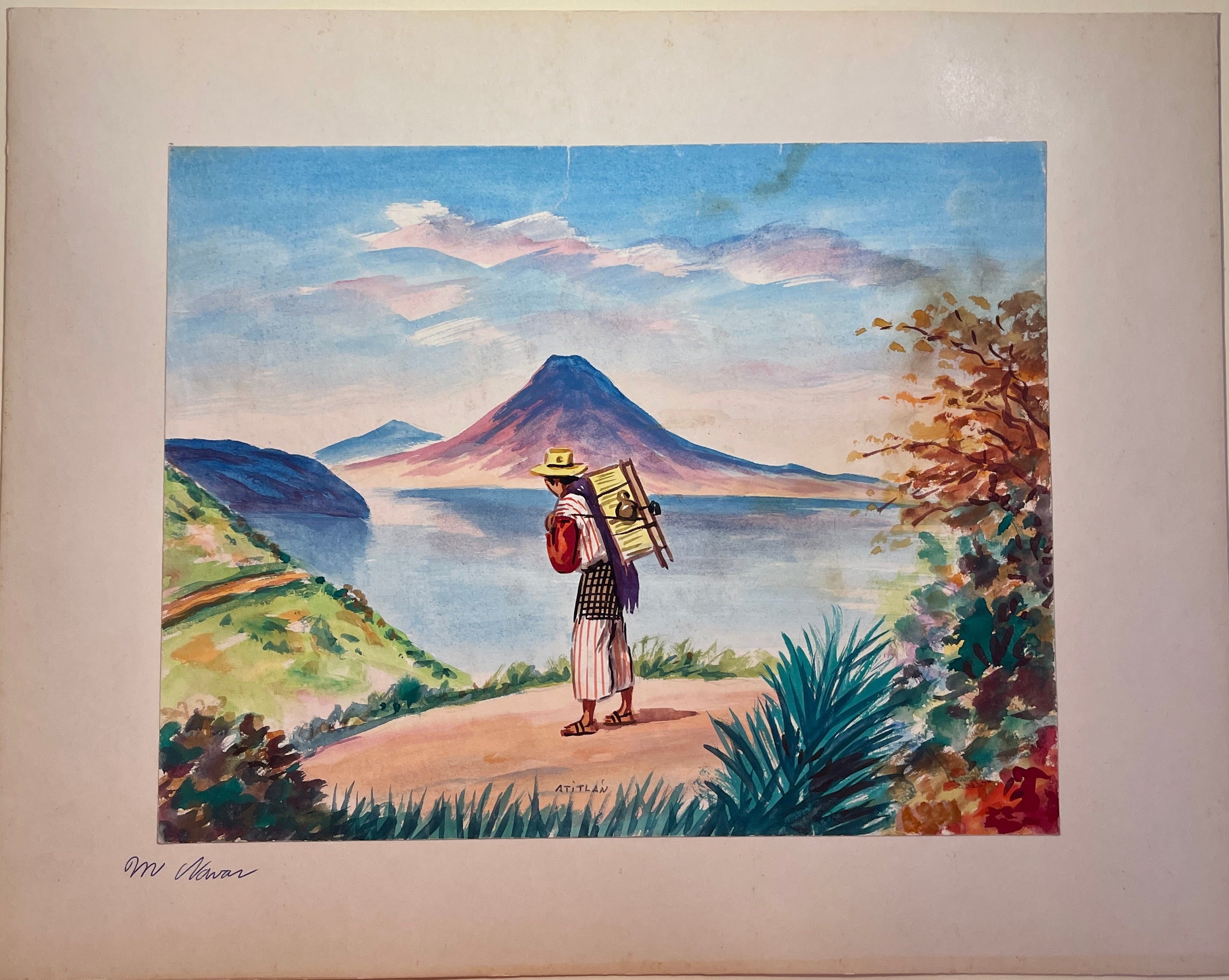 Maria Navas 1950 Signed Watercolor Painting - Mayan Hiker Lake Atitlan