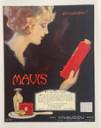 1921 Vivaudou Mavis Powders vintage magazine advertisement featuring a glamorous woman and red vanity case, painted by Fred L. Packer, Paris and New York branding