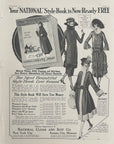 1921 National Cloak & Suit Company vintage magazine advertisement featuring women’s fashion illustrations from New York City and Kansas City, original period print