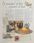 1927 Aunt Jemima Pancake Flour vintage magazine advertisement from Pictorial Review showing illustrated pancakes and kitchen scene