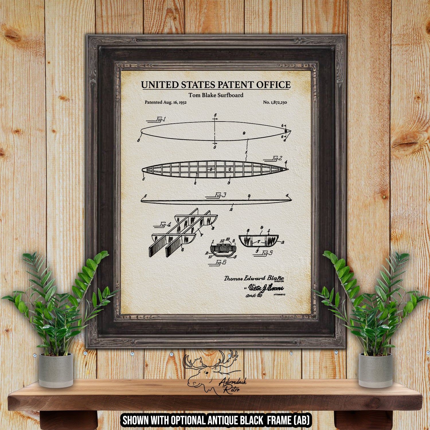 Tom Blake Surfboard 1932 Patent Print at Adirondack Retro