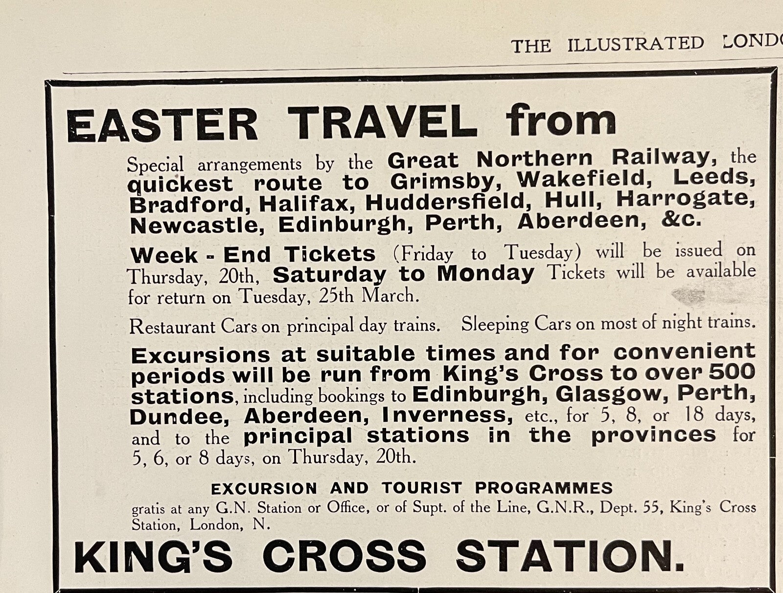 1912 G.N.R. Great Northern Railway Railroad Print Ad Easter Travel King's Cross