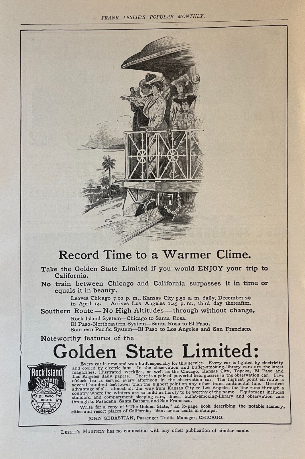 1904 Rock Island System Railroad Print Ad Golden State Limited The Rock Train