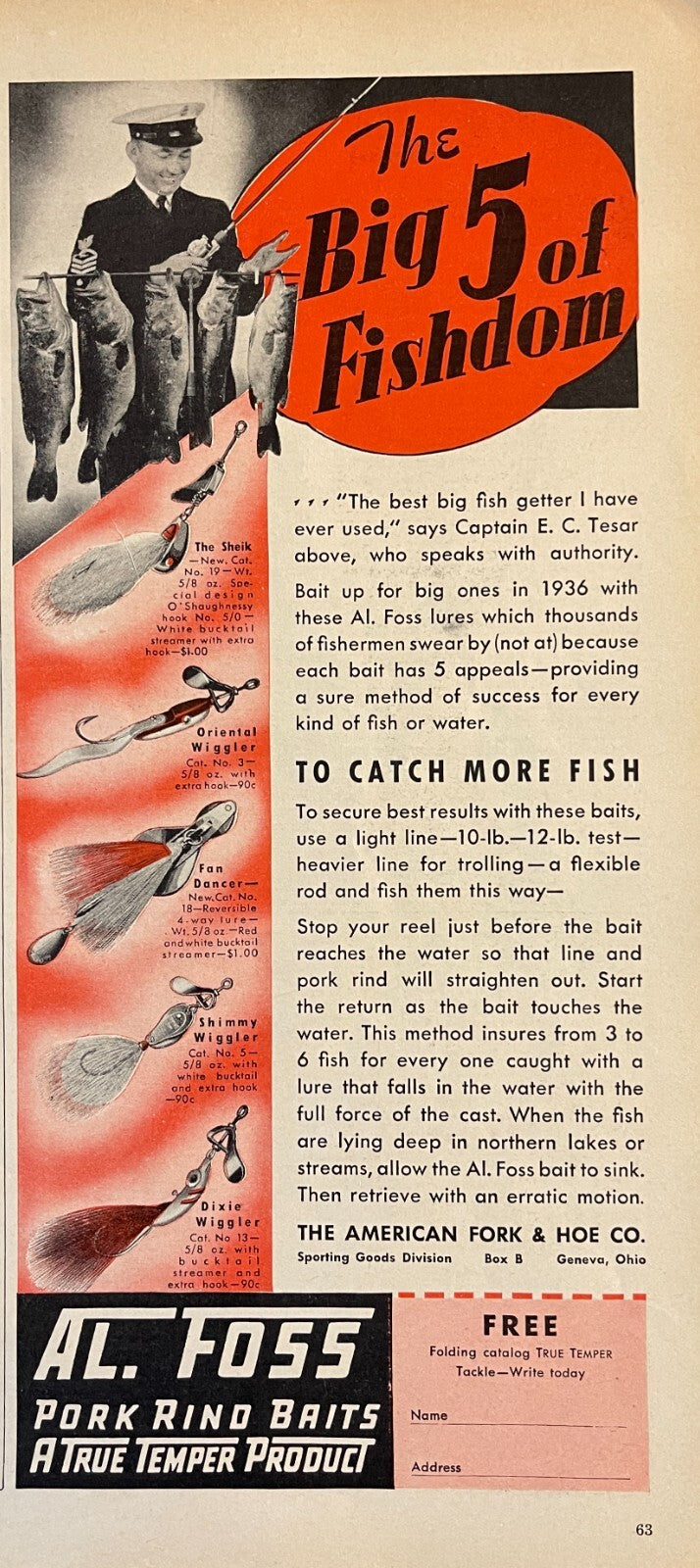 1936 AL Foss Fishing Lures Print Ad 1936 AL Foss Fishing Lures Print Ad