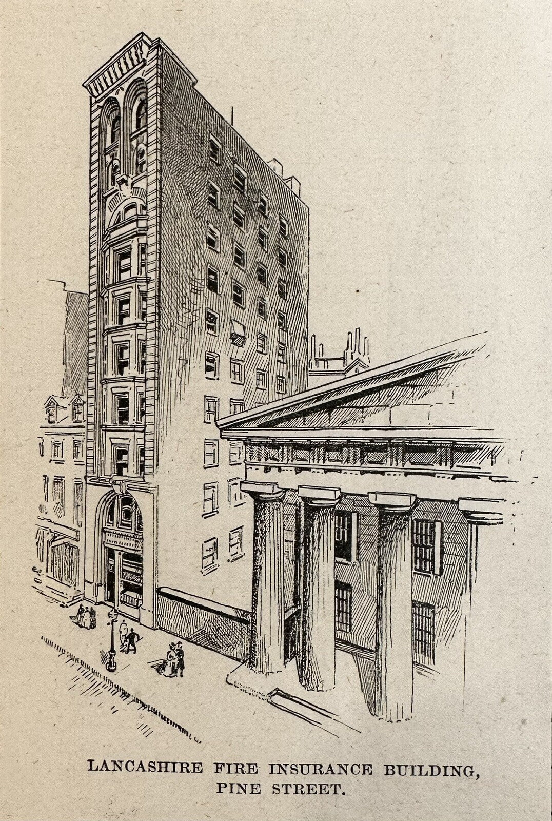 1893 Lancashire Fire Insurance Building, Pine Street Antique Wood Engraving  – Adirondack Retro, image size:1076x1600