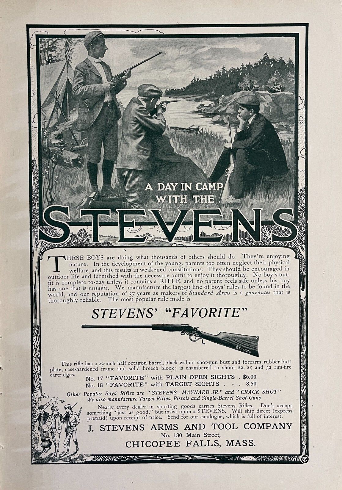 1902 Stevens Rifle Print Ad Chicopee Falls MA Hunting Hunters River Tent Camping
