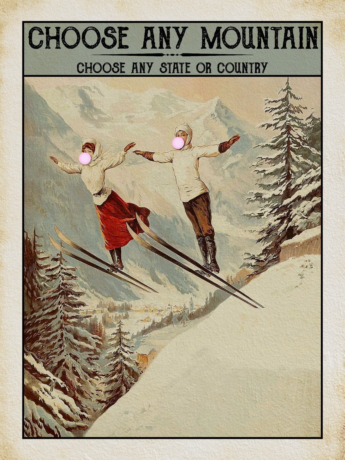 Custom Retro Bubblegum Ski Resort Print - Choose Any Mountain Ski Resort Poster