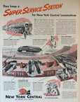1945 New York Central Railroad Print Ad Super Service Station Steam Locomotive