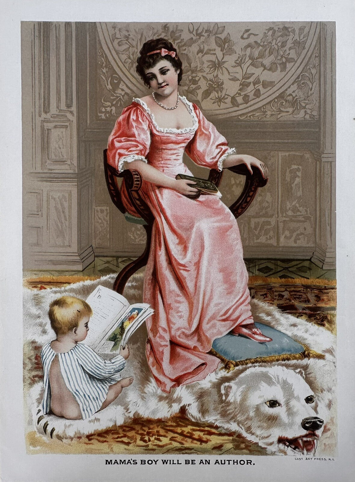 1891 "Mama’s Boy Will Be An Author" Chromolithograph Print | Magazine Illustration