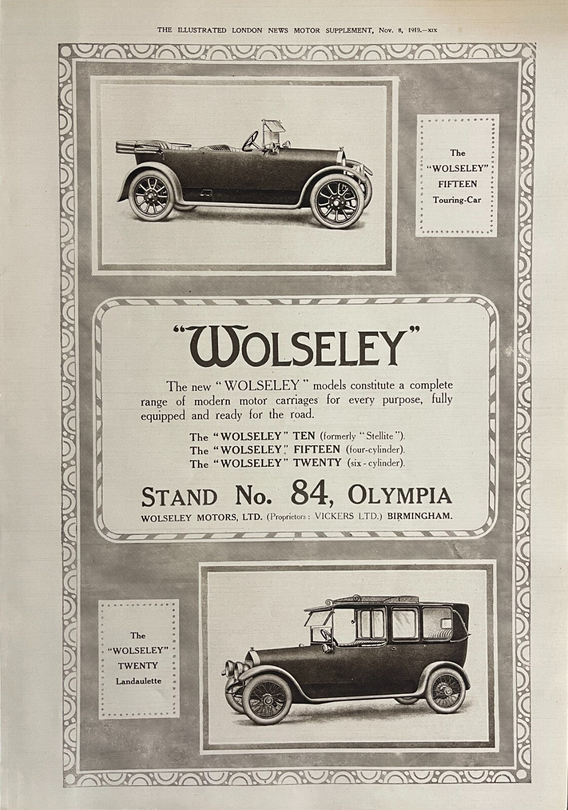 1919 Wolseley Twenty Landaulette UK Automobile Print Ad - Olympia Exhibition