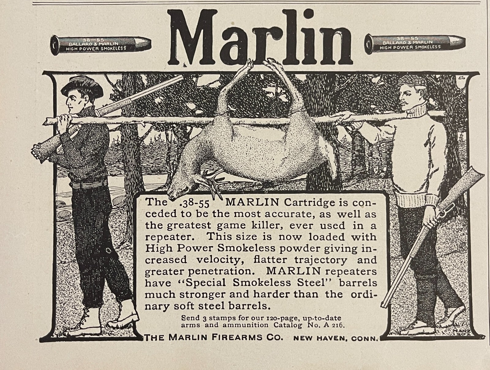 1903 Marlin Fire Arms Co. Antique Print Ad Cartridges Deer Hunters New Haven CT