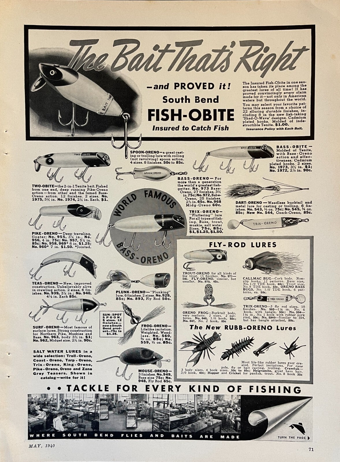 1940 South Bend Fish Obite Tackle Bass Vintage Fishing Magazine Ad – Adirondack Retro