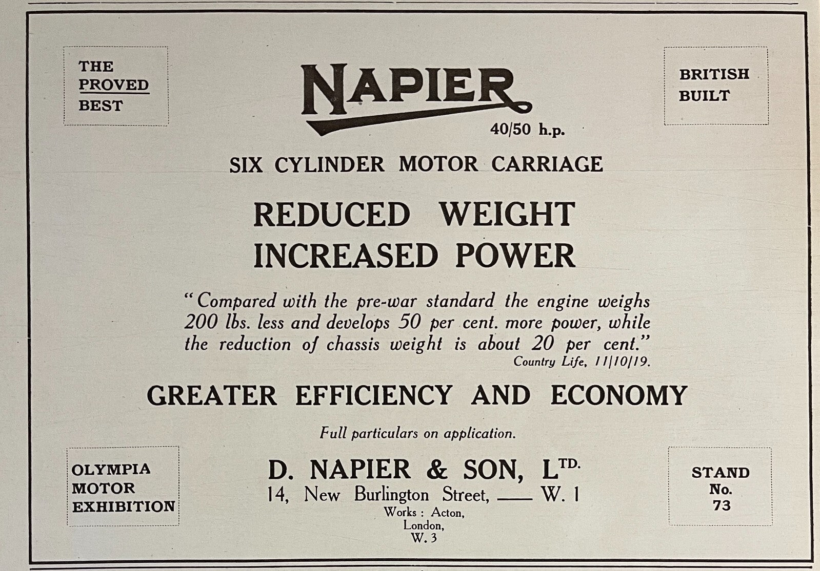 1919 Napier Six Cylinder British Car Antique Print Ad Motor Car Olympia