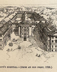 1893 Guy’s Hospital Building, 1738 Antique Magazine Wood Engraving