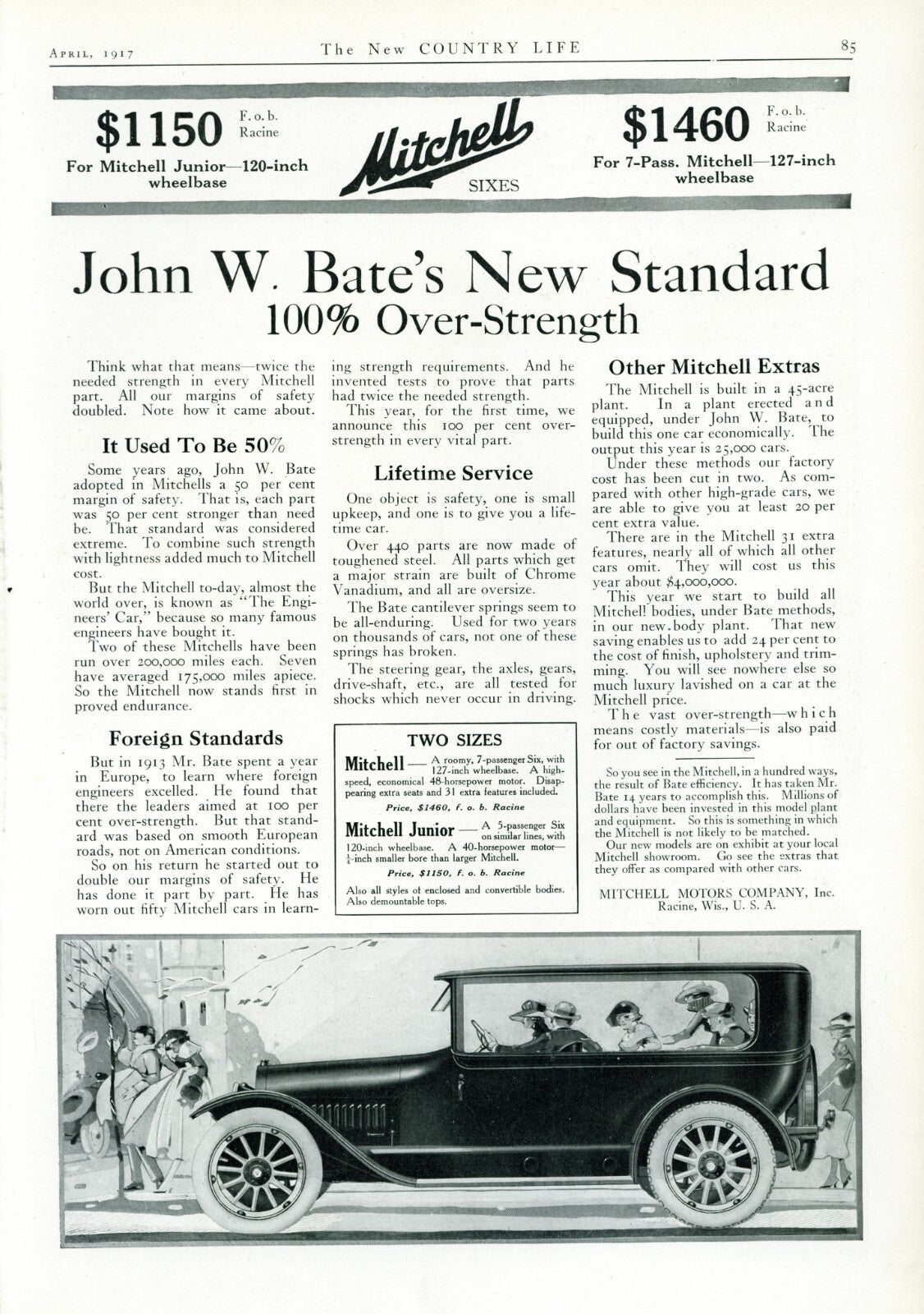 1917 Mitchell Motors Antique Car Illustrated Print Ad Mitchell Sixes Racine WI