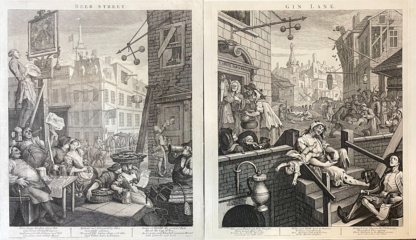 1822 BEER STREET & GIN LANE Authentic Hogarth Heath Ed. Antique Print SET OF 2