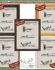 The image is a collage of five framed patent drawings of fishing lures, each with a different frame color and style. The frames are labeled with the text "SAMPLE FRAMES - PLEASE VISIT OUR FRAMING PORTAL FOR DETAILS AND INFO".