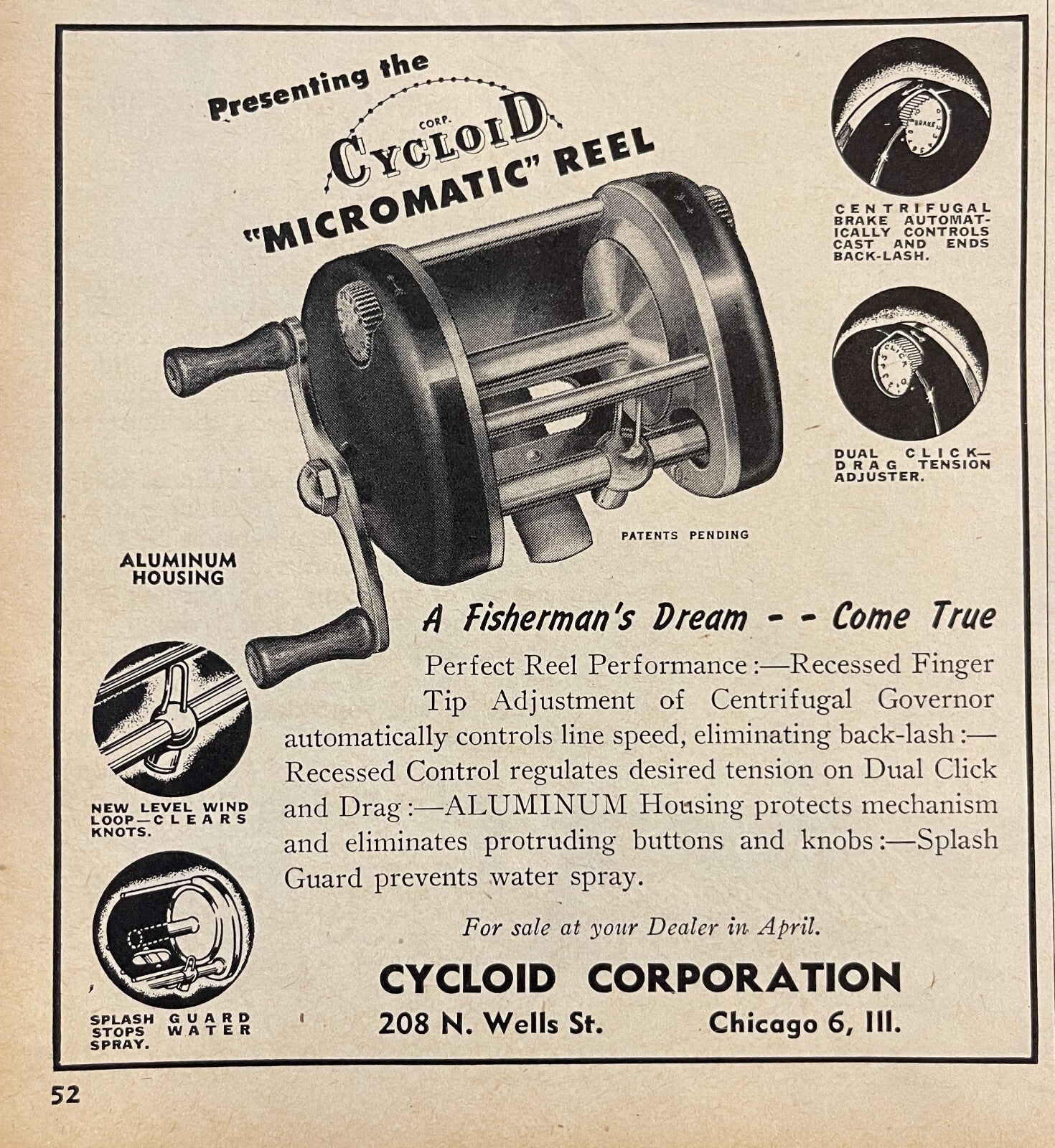 cycloid micromatic fishing reel 1946 Cycloid Micromatic Fishing Reel Photo Print Ad Chicago Illinois