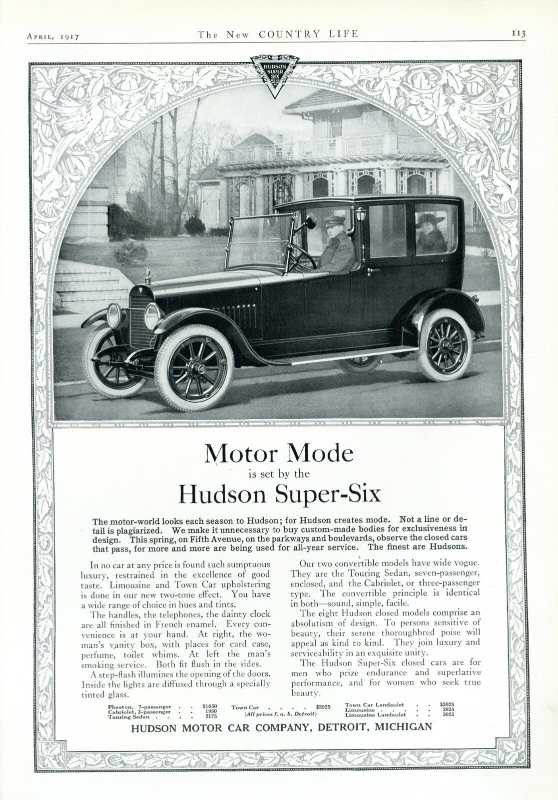 1917 Hudson Super Six Antique Car Print Ad Motor Mode Motor Car Detroit MI