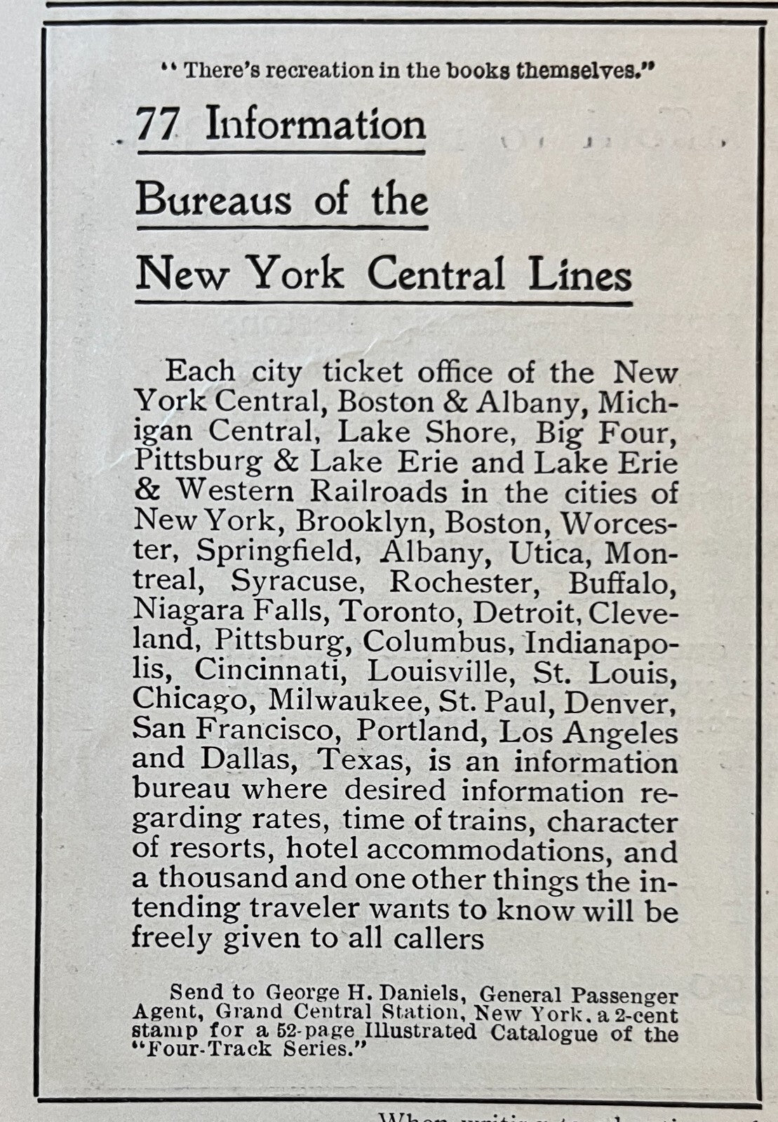 1904 New York Central Railroad Print Ad Railway Travel 77 Information Bureaus