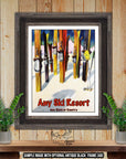 a painting of skis hanging on a wall