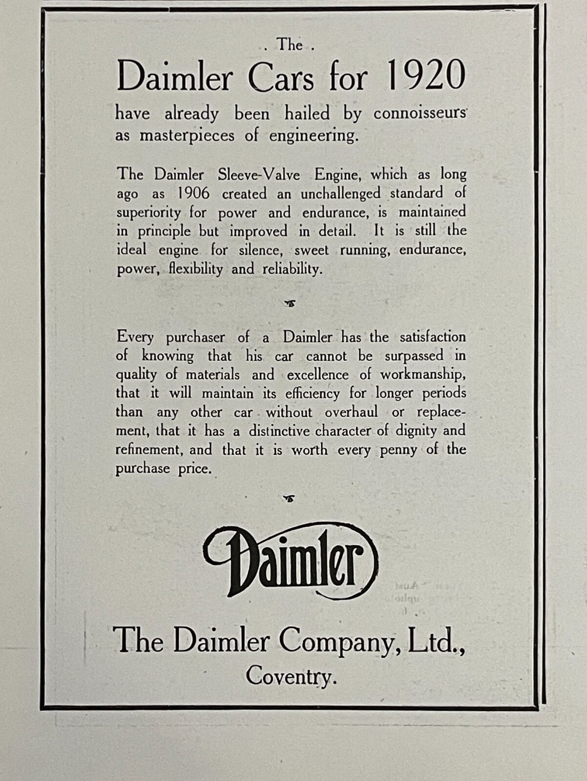 1919 Daimler Cars For 1920 Antique British Automobile Print Ad Motor Car