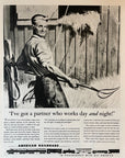 1945 American Railroads Print Ad WWII Railroad Ad Farmer Pitchfork Hay Barn