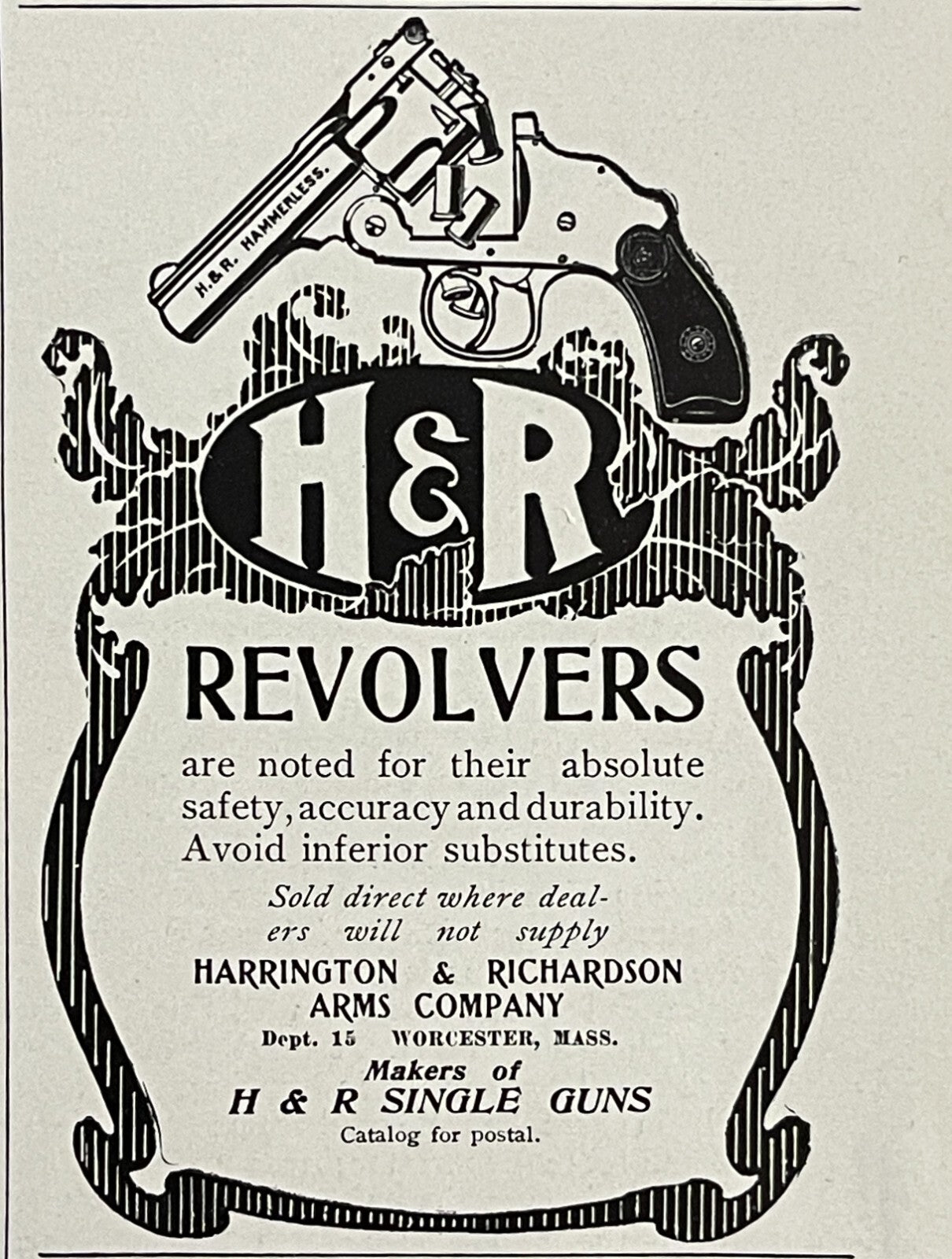 1903 Harrington & Richardson Arms Co Antique Print Ad H&R Revolvers Worcester MA