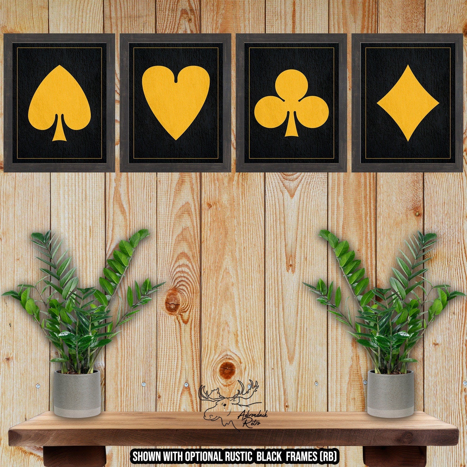 Four Poker Suits Set of Fine Art Prints - Black and Gold Playing Card Posters at Adirondack Retro