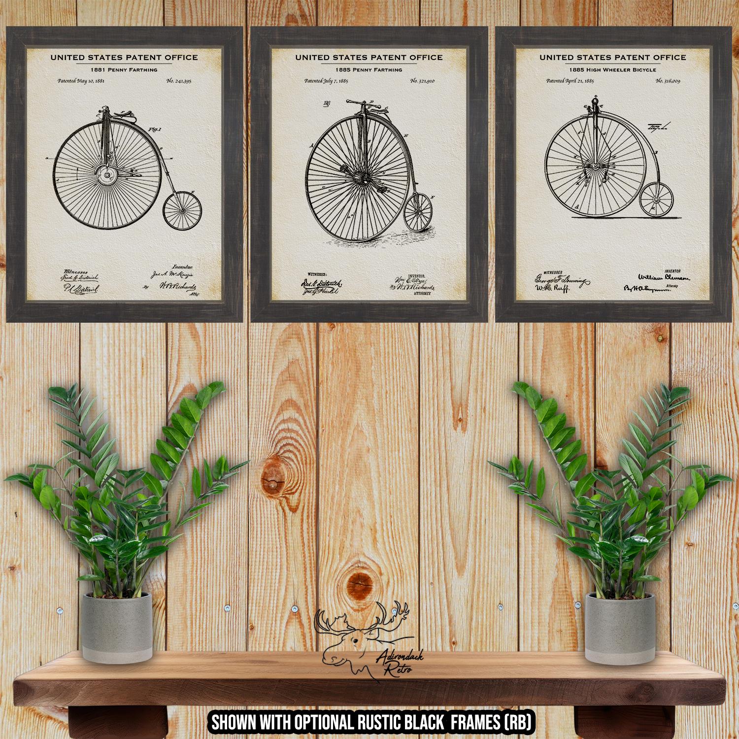 Penny Farthing Bicycle Set of 3 Patent Prints - Retro High Wheel Bicycle Posters at Adirondack Retro