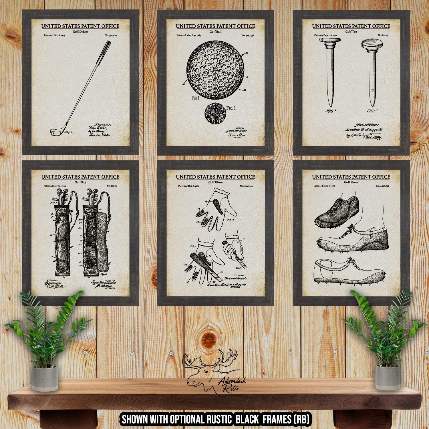 Golf Patent Print Set of 6 - Rustic Golf Posters - Golf Inventions at Adirondack Retro